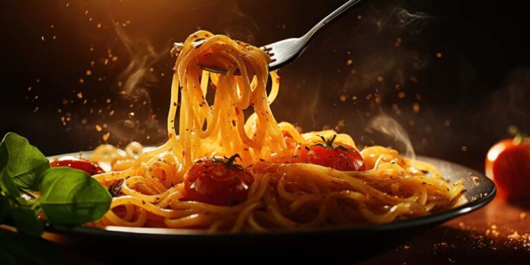 A forkful of steaming spaghetti with shiny noodles and a hint of tomato sauce